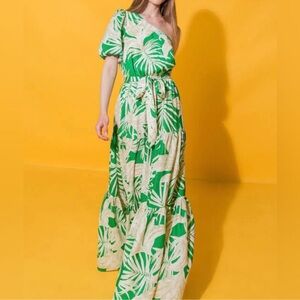 Flying Tomato One-Shoulder Tiered Maxi Dress Green & Cream Palm Leaf Print
